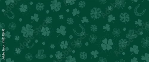 St. Patricks Day, clover pattern on green. Hand drawn illustrations	
