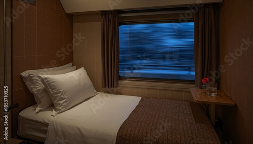 Train cabin with bed and window