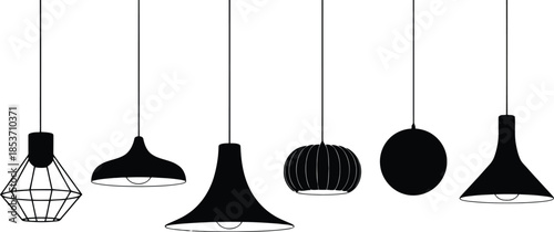 A collection of six diverse modern black pendant light fixtures suspended on a clean white backdrop