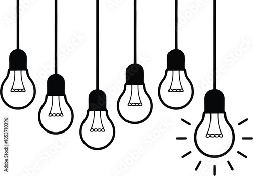 A collection of six suspended light bulbs on a plain white surface, with one light shining brightly