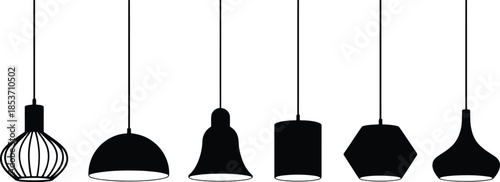 A row of six modern black pendant lamp silhouettes hanging against a clean white background