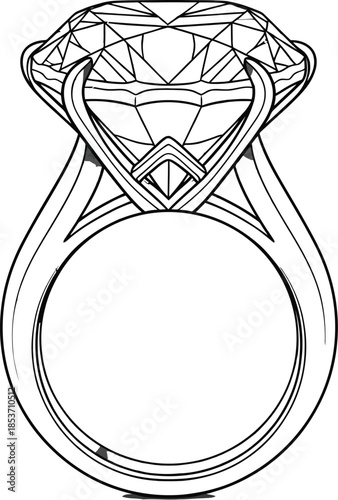 Detailed black and white line art drawing of a classic solitaire diamond engagement ring design