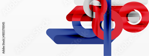 Abstract design features layered red, white, blue shapes. Minimalist composition with smooth curves, clean lines, modern aesthetic.