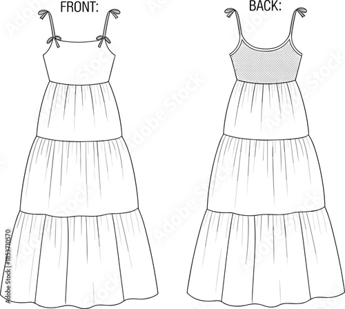 Tiered, maxi, dress, fashion, sketch, front, back, silhouette, posture, gesture, setup, vector, black, pose, flavector, minimal, garment, technical, flat, cad drawing flat vector