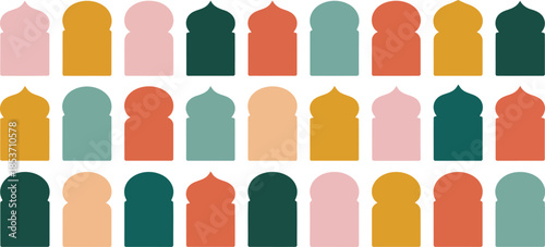 An array of stylized Moroccan arch and window designs presented in a cohesive, colorful pattern