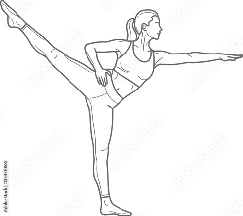 Line art drawing of a woman performing a standing split yoga pose demonstrating balance and flexibility exercises