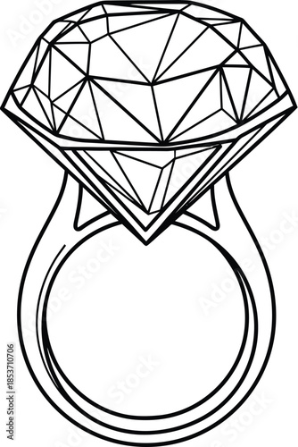 Elegant black and white line art drawing of a large faceted diamond engagement ring ready for coloring