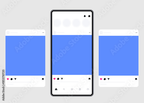 social media carousel post mockup template frame, social network mobile app interface template with notification icons ; like, comment, share icon