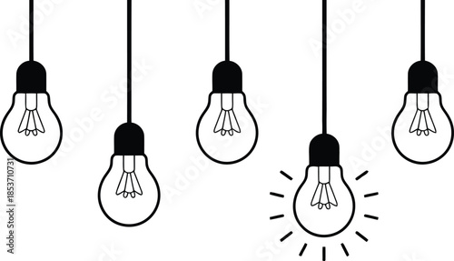 Five hanging light bulbs with distinct black outlines are arranged on a white backdrop, one glowing