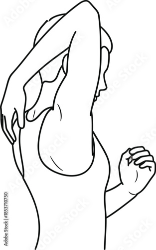Line art illustration depicting a person performing a triceps stretch exercise with their arm extended overhead
