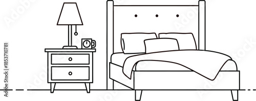 Minimalist bedroom interior design featuring a cozy bed and nightstand with lamp illustration