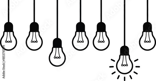 Seven hanging light bulbs are depicted on a white background with one illuminated and shining brightly