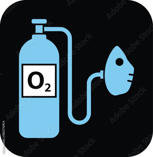 Flat vector illustration of a light blue medical oxygen cylinder with O2 label and breathing mask representing emergency respiratory support and hospital intensive care