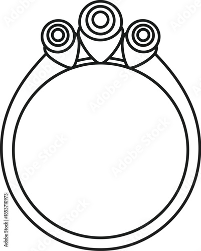 Simple black and white line art icon representing a three stone engagement ring design outline