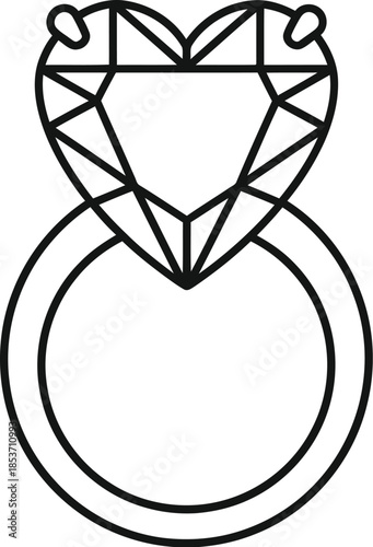 Minimalist black line art icon depicting a heart shaped diamond engagement ring perfect for jewelry branding