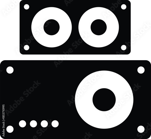 Minimalist black and white silhouette icons of modern electronic audio speakers representing sound systems music entertainment and home theater technology