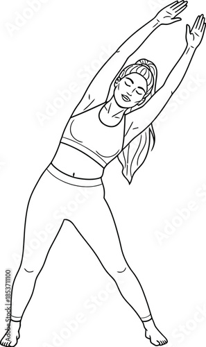 Line art drawing of a fit woman stretching her torso sideways in a wide stance for exercise