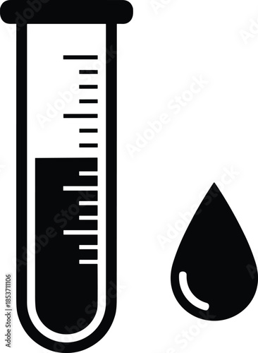 Minimalist black silhouette icon of a graduated laboratory test tube with liquid and a single droplet representing scientific research chemistry and medical testing
