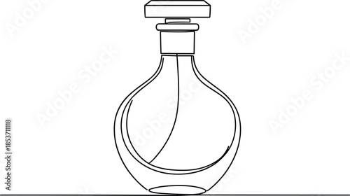 Minimalist black line art illustration of an elegant glass perfume bottle with a classic round design representing luxury fragrance and beauty products
