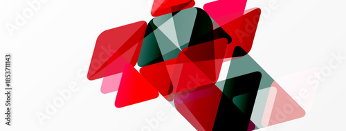 Abstract composition featuring overlapping translucent triangles. Red, gray, pink hues dominate white background. Modern design element.