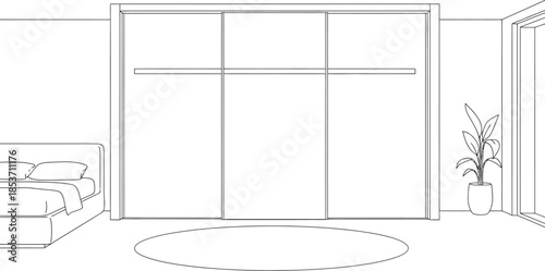 Minimalist bedroom interior line art sketch featuring a large sliding door wardrobe and bright sunlight
