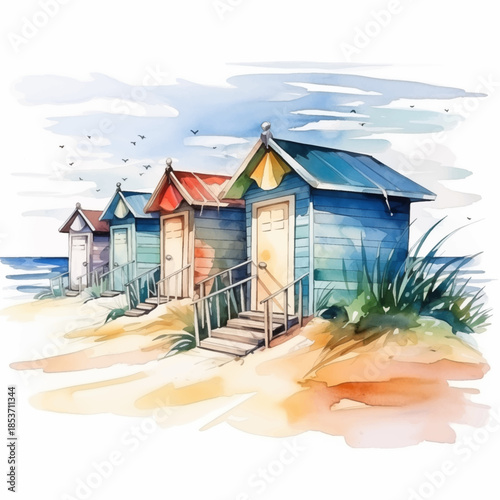 Watercolor painting of row of colorful beach huts along a sandy coastline vector design. Bright playful palette and charming details, seaside leisure and relaxation. Serene and idyllic waterfront 