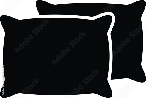 Minimalist black silhouette icon of two soft bed pillows representing sleep comfort relaxation bedding sets and home interior decor on white background