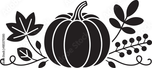 Autumn pumpkin with leaves and berries