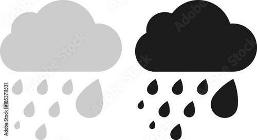 Minimalist flat vector icons of two rain clouds in grey and black with falling water droplets representing weather forecasting storm and precipitation