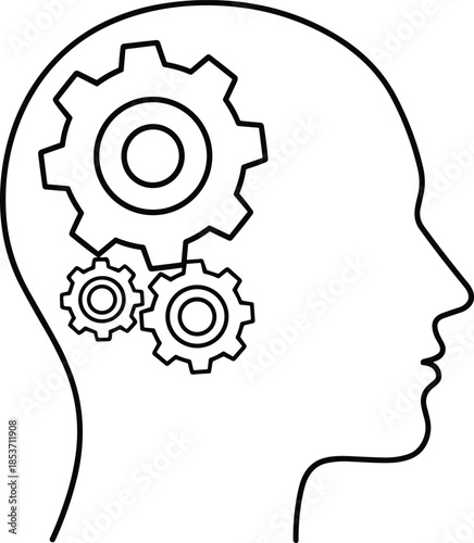Minimalist line art illustration of a human profile head with rotating gears representing critical thinking mental processing brain function and innovative ideas