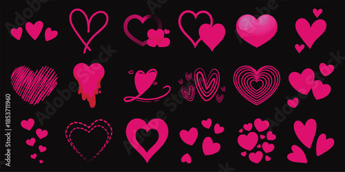 Diverse collection of pink heart shapes and styles a black hearts love