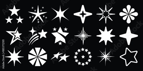 Collection of white starbursts and star shapes black