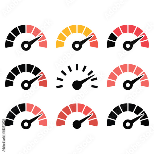 Collection of Speedometer Dials Displaying Varying Levels with Red Yellow and Black Color Schemes Vector Art Illustration on Transparent Background