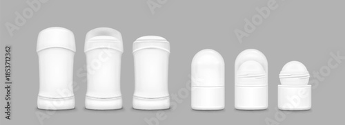 Deodorant roll and stick mockups set isolated on background. Vector realistic illustration of 3d white antiperspirant bottles, beauty and hygiene care cosmetic package, deo perfume for men and women