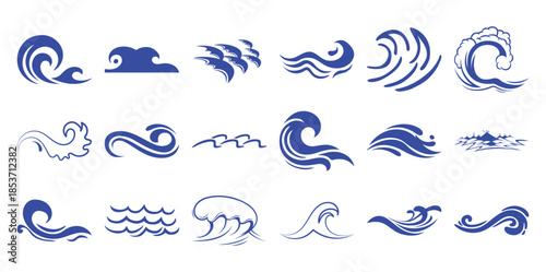 Valokuva Collection of various blue wave and swirling water ocean