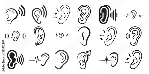 Collection of stylized human ear representing sound and hearing listening audio