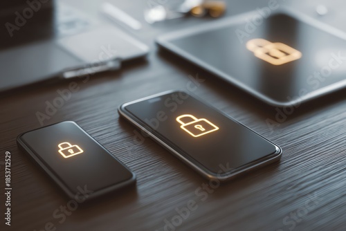 A modern assortment of devices showcasing security lock icons, emphasizing digital protection and technology safety.