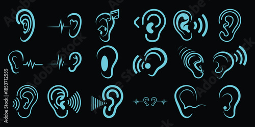 Collection of stylized human ear representing sound and hearing audio listen