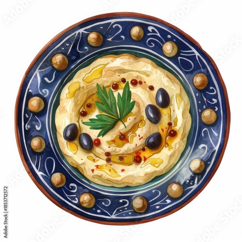 Creamy hummus topped with black olives, olive oil, spices and herbs, served on a blue decorated plate, creating a vibrant and appetizing culinary scene