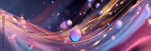 A vibrant abstract design featuring flowing waves and colorful spheres, creating a sense of motion and energy.