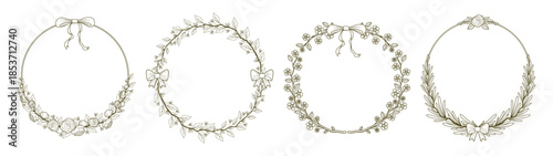 Elegant floral frames set with ribbon bows isolated on white background. Vector illustration of hand drawn round vintage lace borders, wedding invitation, greeting card decoration, botanical line art
