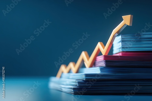 A visual representation of success with an upward arrow amidst stacked papers, symbolizing growth and progress.