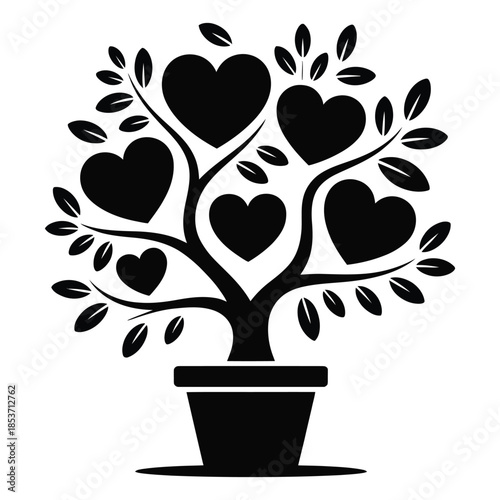 Heart Shaped Leaves Tree with Potted Plant in Black Silhouette Style for Love and Affection Symbol on Transparent Background and Wall Art