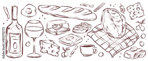 French cuisine illustration set with hand drawn doodle icons - bread on tablecloth and cheese, wine and breakfast items. Sketch of baguette and toast, coffee cup and bottle with olive and egg details.