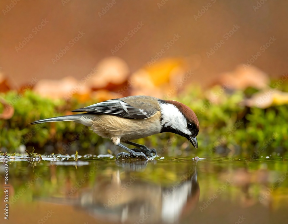 Obraz premium Bird drinks at the edge of a shallow, natural water pool