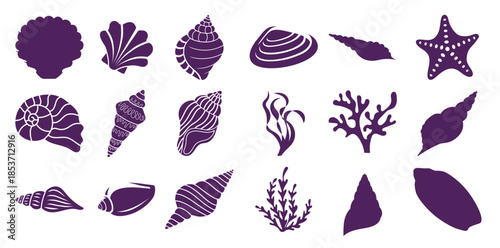 Collection of purple seashell starfish and seaweed silhouettes white