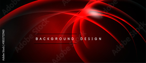 Abstract red lines curve over black background. Bright glow emanates from central point, creating dynamic visual effect. Modern design element.