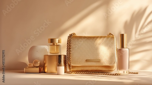 Elegant gold accessories and cosmetics arranged artfully on a soft background showcasing luxury and beauty.