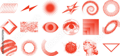 Collection of red abstract geometric shapes and a pixelated bust of a classical head