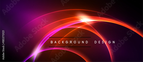 Abstract vibrant design features curved lines, glowing effects, dark background. Modern aesthetic, dynamic composition, bright illumination.